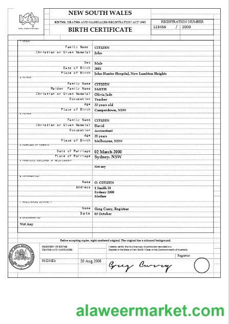 Australia New South Wales birth certificate template in Word format, version 2